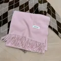 Soft pink winter scarf with tassels and decorative label on argyle sweater background - Baby Pink