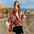 Ethnic style floral print shawl scarf for beach sun protection in vibrant orange and red. - No.3