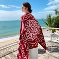 Ethnic style red sun protection shawl with white tribal pattern for beach vacation outfits - Size 11