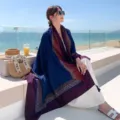 Navy blue bohemian ethnic print shawl for sun protection and beach vacation styling accessory - No. 22