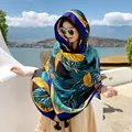 Ethnic style teal and mustard yellow leaf print sun protection shawl scarf for beach travel - 16