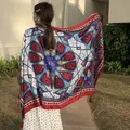 Large ethnic style red and blue patterned sun protection shawl with tassels for beach travel - Above 175cm / L31-2