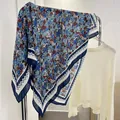 Detail view of blue floral cotton linen square scarf with geometric border - Blue Tiny Floral / 90*90cm
