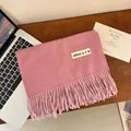 Elegant pink imitation cashmere scarf with tassels and different label for winter - 200cm (Includes Tassels) / Korean Pink