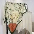 Elegant 90cm cotton linen square scarf with green floral vine print and orange corner - Green Leaves / 90*90cm
