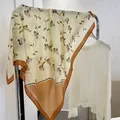 Elegant 90cm cotton linen square scarf with vintage floral print and brown border - Orange Yellow Branch / 90*90cm