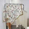 Elegant 90cm cotton linen square scarf with red floral print and brown border detail - Beige Branches and Leaves / 90*90cm