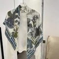 Elegant 90cm cotton linen square scarf with vintage floral print for stylish women - Blue Flower / 90*90cm