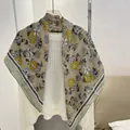 Elegant 90cm cotton linen floral square scarf with sunflower print in khaki - Khaki Small Floral / 90*90cm