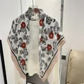 90cm cotton-linen square scarf with vintage red and black floral prints on white background - Pink White Small Floral / 90*90cm