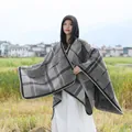 Elegant grey and black plaid hooded poncho shawl for women's autumn winter fashion - Thickened Plaid - Grey