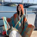 Retro plaid hooded cape shawl in vibrant orange and blue for autumn winter outdoor styling - Thickened Plaid - Orange