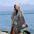 Elegant plaid hooded shawl poncho for women in a cozy vintage autumn winter style - Thickened Plaid - Grey Camel