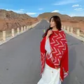 Ethnic style red and white knitted shawl poncho for outdoor travel and photography - Victorious Red