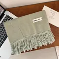 Soft sage green fringed scarf with different tag, thick winter warm cashmere-like shawl - English Label Tassel Decoration Style / 200cm (Includes Tassels) / Bean Green