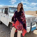 Ethnic style navy blue and red fringed shawl cloak with floral patterns for travel - Flower Path Navy Blue