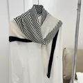 Elegant pleated cotton-linen 90cm square scarf with black and white stripes for women - 90cm / OM White Stripe