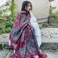 Thick red ethnic paisley shawl scarf with elegant tassels for bohemian travel style - 65*200cm / Full Paisley Red
