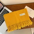 Premium soft yellow imitation cashmere winter scarf featuring fringe details and a different label - Classic Tassel Cloth Label Style / 200cm (Includes Tassels) / Turmeric
