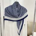 Elegant blue and white houndstooth pleated square scarf with cotton linen texture - 90cm / Blue Houndstooth