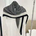 Elegant black and white houndstooth pleated 90cm square scarf for women - 90cm / Black Houndstooth