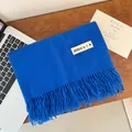 Soft and thick vibrant blue cashmere-like scarf with fringe detail and different woven tag - Tassel Cloth Patch Embroidery Style / 200cm (Includes Tassels) / Sapphire Blue
