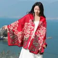 Elegant folk style thickened red shawl with peony floral pattern for autumn winter travel - 65*200cm / Peony Style 3