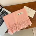 Premium soft pink thick cashmere-like winter scarf with different label on wooden desk - Thickened Tassel Cloth Label Element / 200cm (Includes Tassels) / Light Pink