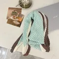 Korean style teal and brown pleated cotton-linen square scarf shawl for women - 90cm / Light Blue Houndstooth
