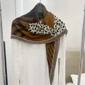 Stylish 90cm pleated square scarf with leopard and striped patterns in earthy brown tones - 90cm / Coffee Patchwork Leopard