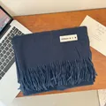Soft and thickened navy blue imitation cashmere scarf for winter with stylish tassels - 200cm (Includes Tassels) / Navy Blue