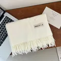 Soft cream white imitation cashmere scarf with fringe and woven minimalist label - 200cm (Includes Tassels) / Cream