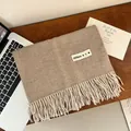 Warm beige imitation cashmere scarf with long fringe and a different label detail - 200cm (Includes Tassels) / Beige Khaki