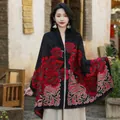 Thick ethnic style black shawl with vibrant red peony floral pattern for women. - 65*200cm / Peony-7