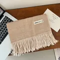 Soft beige faux cashmere scarf with fringe detail and casual 'different' patch for women - 200cm (Includes Tassels) / Oatmeal