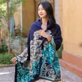 Elegant ethnic navy blue and teal floral thick winter shawl wrap for women's outdoor wear - 65*200cm / Peony-5