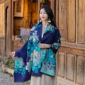 Thick ethnic floral pashmina shawl for women in deep blue, perfect for autumn winter. - 65*200cm / Peony-1