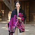 Ethnic style thickened shawl scarf with vibrant pink peony print for travel - 65*200cm / Peony-2