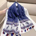 Ethnic style blue and white floral scarf with red and blue tassels for women - Blue Ditsy Floral / 180cm