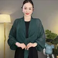 Elegant dark green starry sequin chiffon shawl with wide sleeves for summer sun protection - One Size / Dark Green