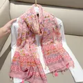 Close-up of vintage floral chiffon scarf with delicate tassel details and soft pink patterns - Pink Flower / 180cm