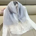 Elegant grey faux silk scarf with pearl embellishments and sheer mesh detailing. - 180cm / Premium Grey