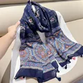 Elegant navy blue paisley print scarf with ethnic floral patterns and delicate tassels - Blue Floral Paisley / 180cm