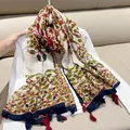 Elegant retro ethnic floral and paisley print scarf with tassels and soft cotton linen feel - Beige Branches and Leaves / 180cm