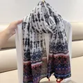 Vintage ethnic style cotton linen scarf with paisley floral print and red tassels - Off-White Boho / 180cm