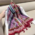 Retro ethnic style cotton-linen feel scarf with vintage floral prints and tassels - Wine Red Boho / 180cm