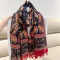 Elegant vintage ethnic paisley print cotton linen scarf with vibrant red tassel fringe - Black Paisley / 180cm