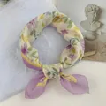 Elegant Korean style floral square scarf with delicate purple flower prints and a knotted look. - 58*58cm / Rose Dreamy Purple