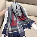 Elegant vintage ethnic style scarf with navy blue and red paisley print and tassels - Circle Floral / 180cm