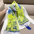 Vintage blue and white porcelain print scarf with tassels in lime green and white - Light Green Narcissus / 180cm